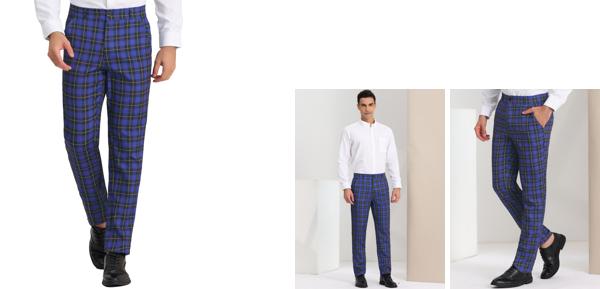 Lars Amadeus ロングパンツ カジュアルズボン 格子縞 チェック柄 フラット フロント ストレッチ ビジネス 通勤 メンズ パープルネイビー 34