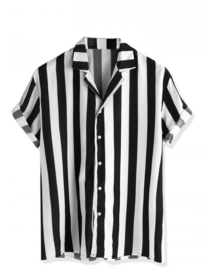 Lars Amadeus ストライプシャツ アロハシャツ ハワイアン ボタンダウン 半袖 メンズ ブラックホワイト M