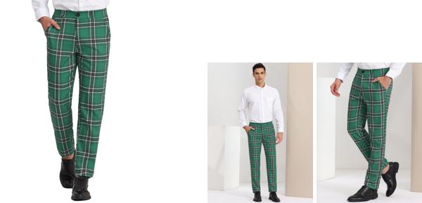 Lars Amadeus ロングパンツ カジュアルズボン レギュラーフィット チェック柄 フォーマル ビジネス メンズ グリーンブラック 32