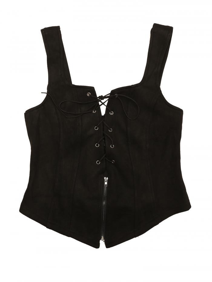 Allegra K ベスト チョッキ レース クロップジャケット ノースリーブ ビンテージ ジッパーアップ ワイドストラップ レディース ブラック XS