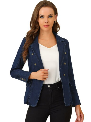 Allegra K デニム ブレザー ジャケット ジージャン Gジャン 長袖 オフィス ポケット付き レディース ミッドブルー L Allegra K デニム ブレザー ジャケット ジージャン Gジャン 長袖 オフィス ポケット付き レディース ミッドブルー L