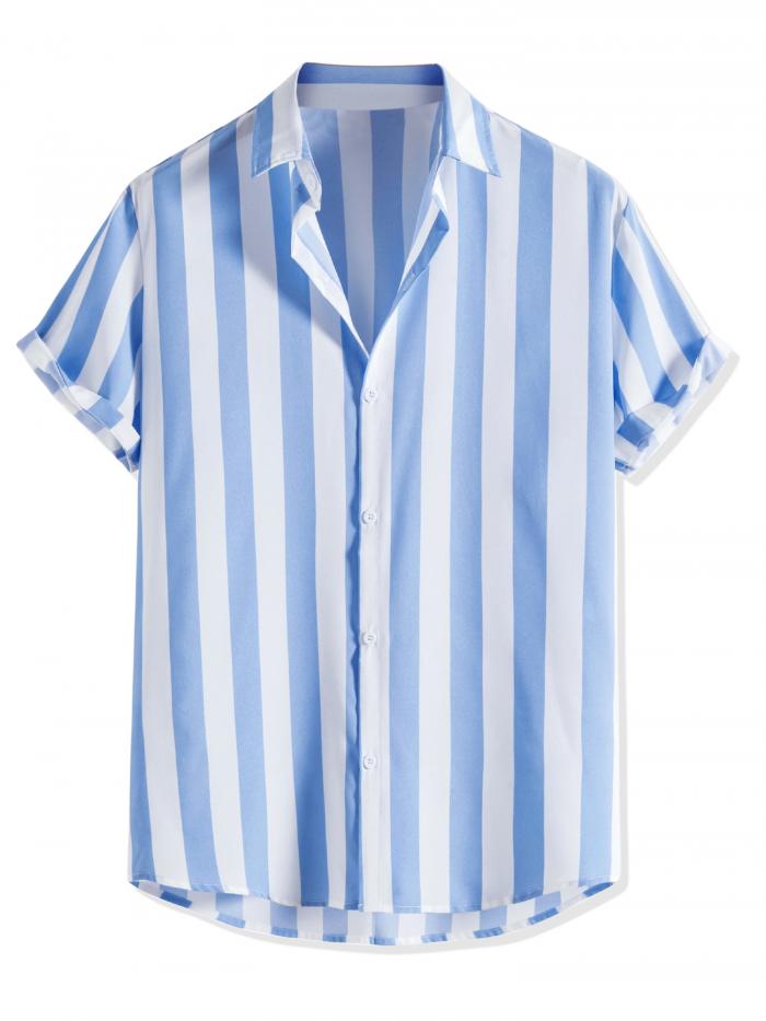 Lars Amadeus ストライプシャツ ビーチシャツ 半袖 カラーブロック ボタンダウン リラックスフィット メンズ ライトブルー S