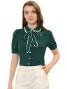 Allegra K ボウタイ シャツ ブラウス コントラスト パフスリーブ 半袖 ボタン留め ネクタイネック レディース ダークグリーン L