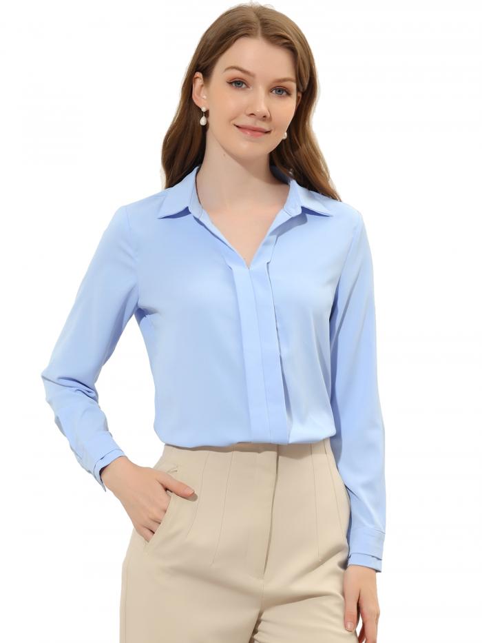 Allegra K オフィスブラウス 長袖 vネック 無地 プリーツ ベルト付き レディース 水色 XL