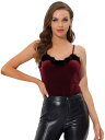 Allegra K ベルベットキャミソール レーストリム キャミトップ ノースリーブ 袖なし レディース ダークレッド XS