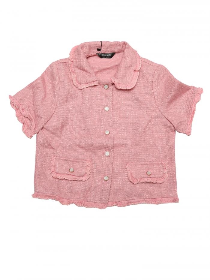 Allegra K ツイードシャツ 半袖トップス タッセル付き 七分丈 春 レディース ピンク XS
