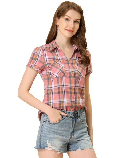 Allegra K 赤チェックシャツ 半袖 フランネル レディース ボタンダウン カジュアル 夏 ライトピンク XL Allegra K 赤チェックシャツ 半袖 フランネル レディース ボタンダウン カジュアル 夏 ライトピンク XL