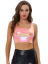 Allegra K メタリック クロップトップ 光沢 タンクトップ Uネック ノースリーブ パーティー クラブ レディース ローズピンク S