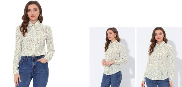 Allegra K 花柄シャツ ブラウス 長袖 おしゃれ ボタンダウン 通勤 オフィス カジュアル レディース ベージュ ピンク S