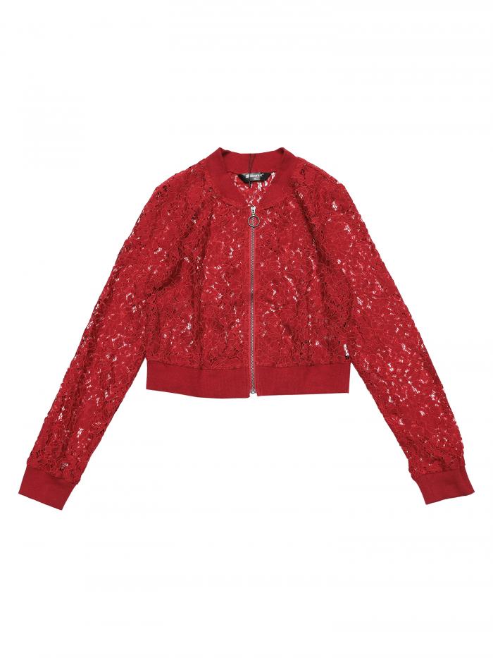 Allegra K 野球 ジャケットレースシアー かぎ針編み 長袖 クロップド 黒 レディース ワインレッド M