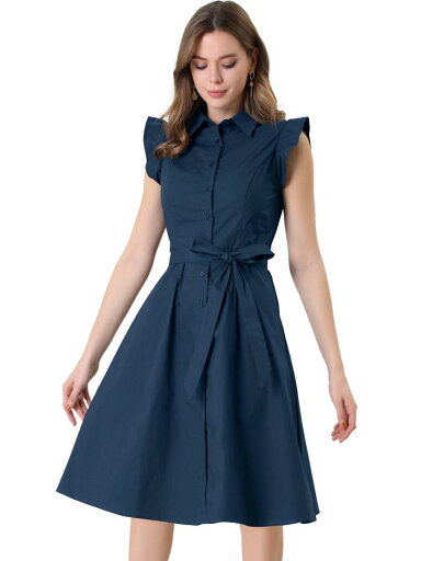 Allegra K シャツワンピース ドレス コットン ボタン留め オフィス フリル 袖なし ベルト付 レディース ネイビーブルー XS Allegra K シャツワンピース ドレス コットン ボタン留め オフィス フリル 袖なし ベルト付 レディース ネイビーブルー XS