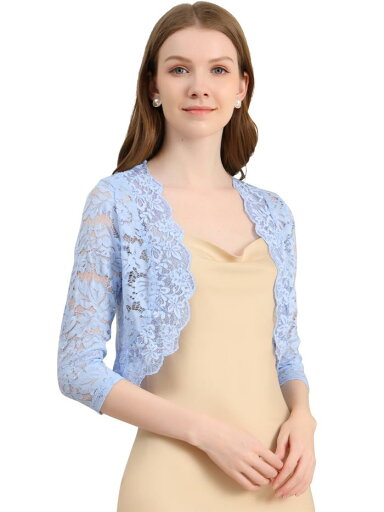 Allegra K レースボレロ 総レース シアー 花柄 シュラグ トップス 七分袖 前開き エレガント レディース ライトブルー L Allegra K レースボレロ 総レース シアー 花柄 シュラグ トップス 七分袖 前開き エレガント レディース ライトブルー L