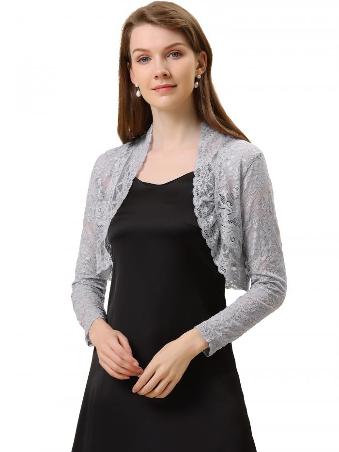 Allegra K レース ボレロ 長袖 カーディガン 花柄 シアー シュラグトップ 結婚式 エレガント カジュアル レディース グレー Lのサムネイル