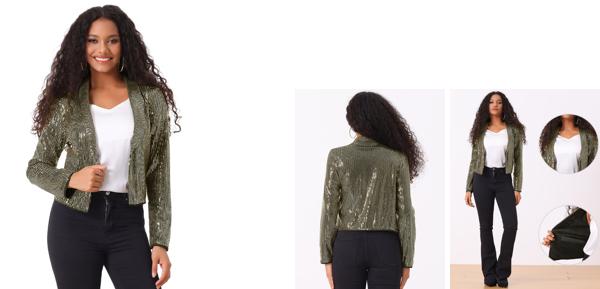 Allegra K レディース 光るクロップドカーディガン オープンフロント スパンコール ボレロ シュラグ ブラックゴールド XL