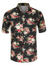 Allegra K アロハシャツ メンズ ハワイアンシャツ 半袖 花柄 ボタンダウン ファッション ブラックレッド 38