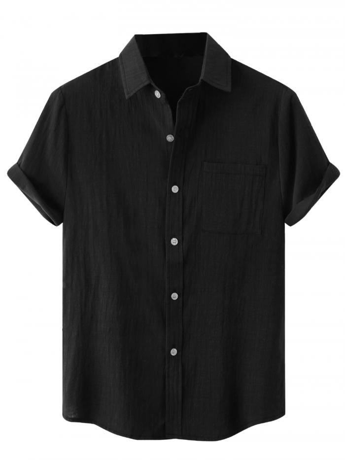 Lars Amadeus サマーシャツ ポケット付き リネンシャツ 半袖トップス ポイントカラー 無地 メンズ ブラック S