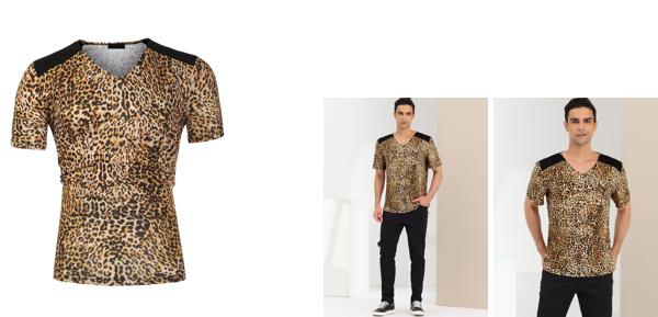 Lars Amadeus ヒョウ柄 Tシャツ Vネック 半袖 PUパネル スリム 夏 メンズ ヒョウ柄 M