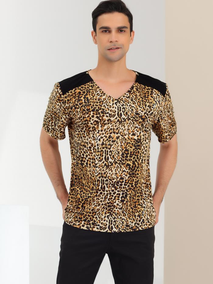 Lars Amadeus ヒョウ柄 Tシャツ Vネック 半袖 PUパネル スリム 夏 メンズ ヒョウ柄 M