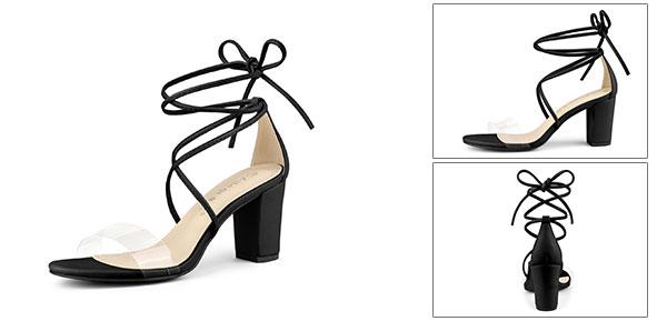 Allegra K クリア 透明 レースアップサンダル ハイヒール ストラップ ブロックヒール レディース ブラック 25.5cm - 2