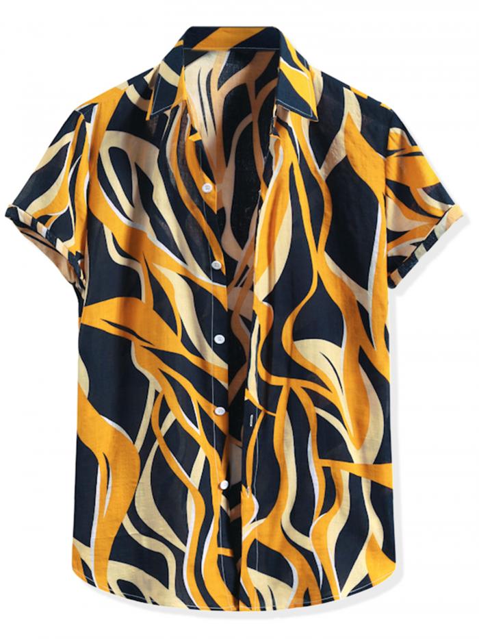 Lars Amadeus サマーシャツ プリントシャツ 半袖トップス 不規則パターン ボタンダウン ハワイアン メンズ レッドブラック S