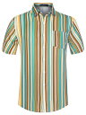 Lars Amadeus メンズ アロハシャツ 半袖 ボタンダウン ストライプ カラーブロック プリント 夏 カーキ 2XL