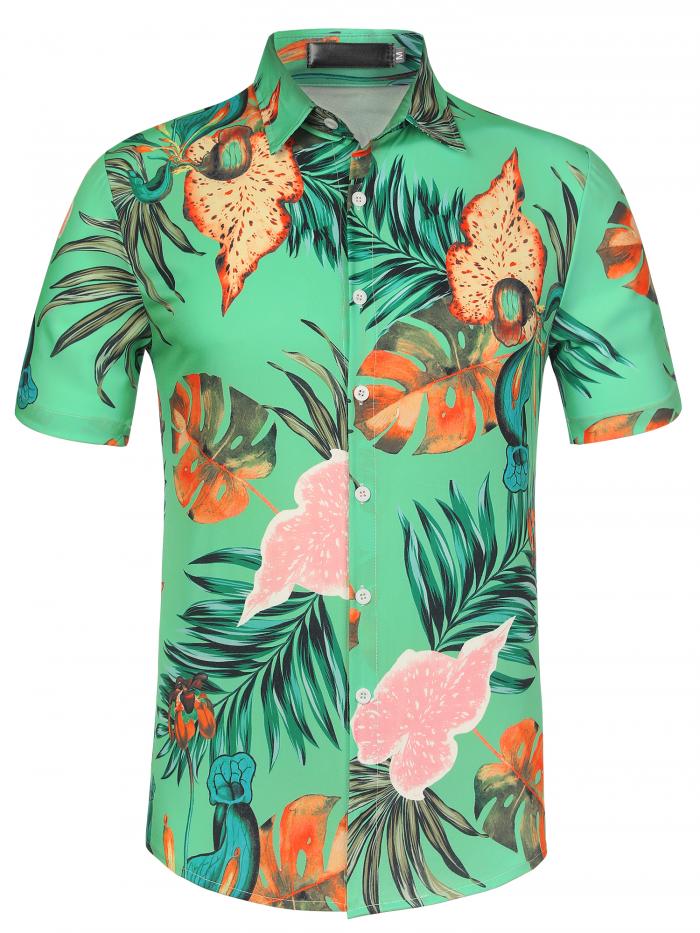Allegra K 柄シャツ メンズ 半袖 アロハシャツ ワイシャツ 総柄 花柄 カラフル 夏 ビーチ カジュアル ミントグリーン 34