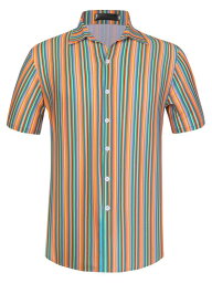 Lars Amadeus メンズ ストライプシャツ 縦縞 シャツ 半袖 ボタンダウンビーチ カラーブロック 夏 ブルーグリーン 2XL