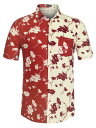 Lars Amadeus パッチワークシャツ リーフプリント サマーシャツ レギュラーフィット 半袖トップス 花柄 ハワイアン ポケット付き メンズ レッドホワイト L