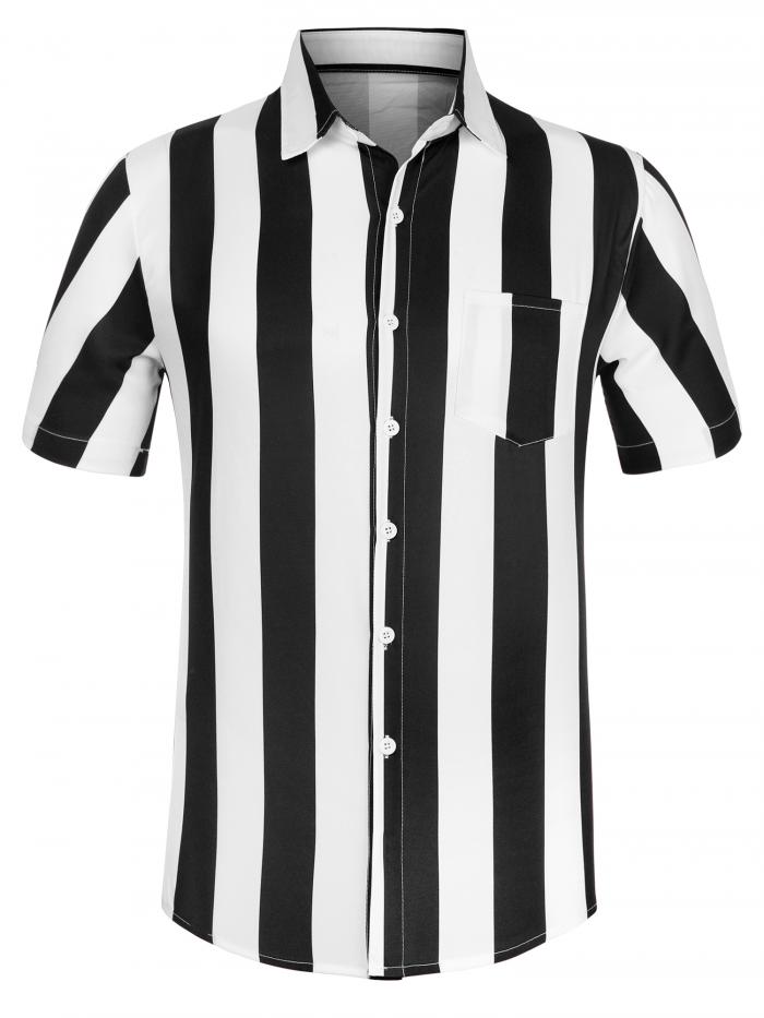 Lars Amadeus ストライプシャツ アロハシャツ ハワイアン ボタンダウン 半袖 メンズ 黒白 2XL
