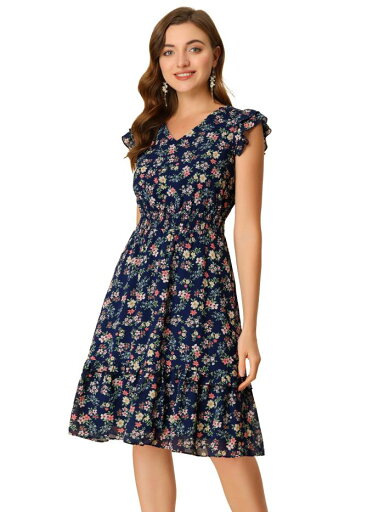 Allegra K ラッフルワンピース ドレス 花柄 フローラルフラッター スリーブ Vネック スモック レディース ネイビー L Allegra K ラッフルワンピース ドレス 花柄 フローラルフラッター スリーブ Vネック スモック レディース ネイビー L