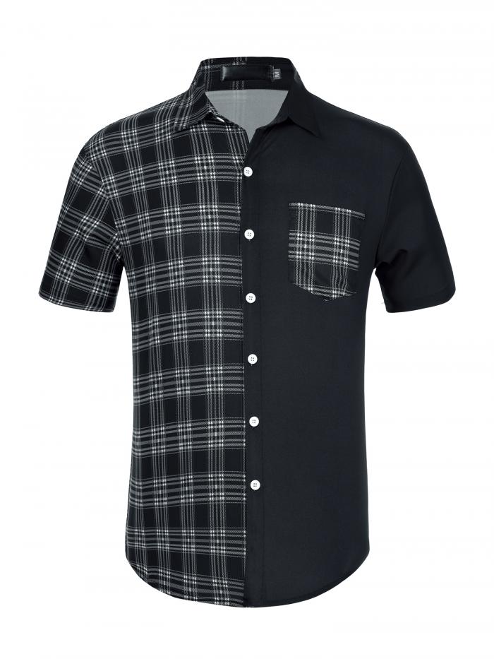 Lars Amadeus チェックシャツ 半袖トップス サマー パッチワーク ボタンダウンシャツ メンズ ブラックホワイト S