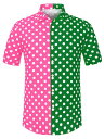 Lars Amadeus アロハシャツ サマー 水玉シャツ 半袖トップス ボタンダウン パッチワーク メンズ ピンクグリーン 2XL