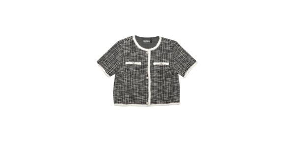 Allegra K レディース クルーネック 半袖 クロップド丈 カジュアル カーディガン ジャケット ツイード ニット ジャケット ブラック XS