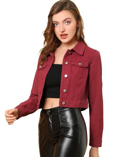 Allegra K デニムジャケット クロップド ボタンダウン 長袖 ベーシック カジュアル レディース ワインレッド M Allegra K デニムジャケット クロップド ボタンダウン 長袖 ベーシック カジュアル レディース ワインレッド M