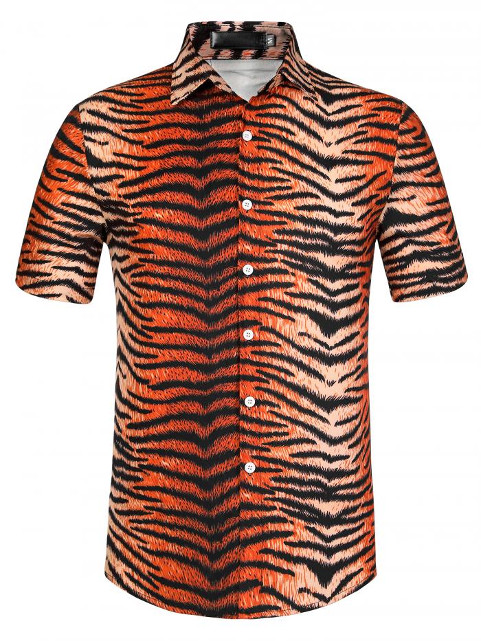 Lars Amadeus ヒョウ柄シャツ アニマル柄シャツ 半袖トップス ボタンアップ カジュアル 夏 メンズ タイ..