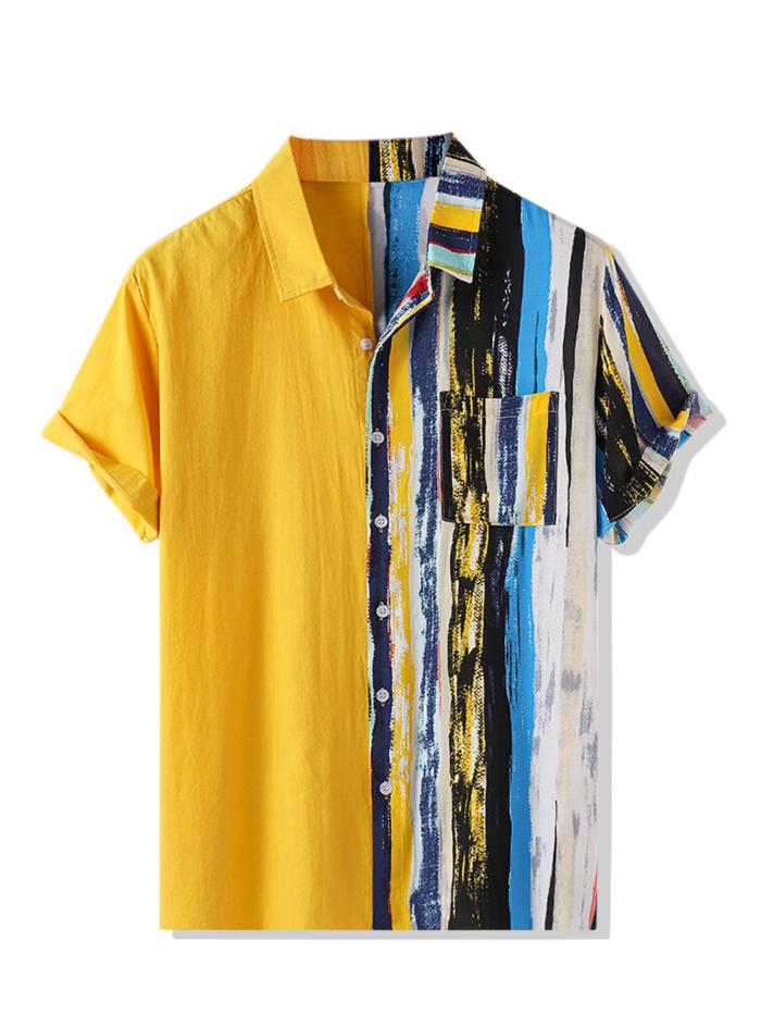 Lars Amadeus ストライプシャツ 不規則な幾何学的 カラーブロック パッチワーク 半袖 メンズ イエローブルー S