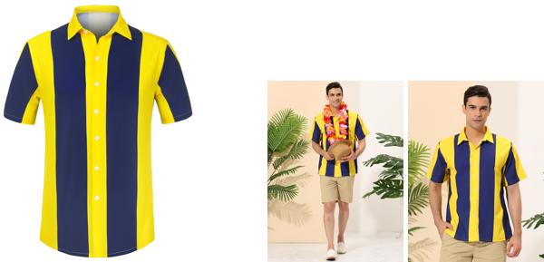 Lars Amadeus ストライプシャツ ボタンダウン ビーチ 半袖トップス ハワイアン カラーブロックシャツ メンズ ネイビーイエロー XL