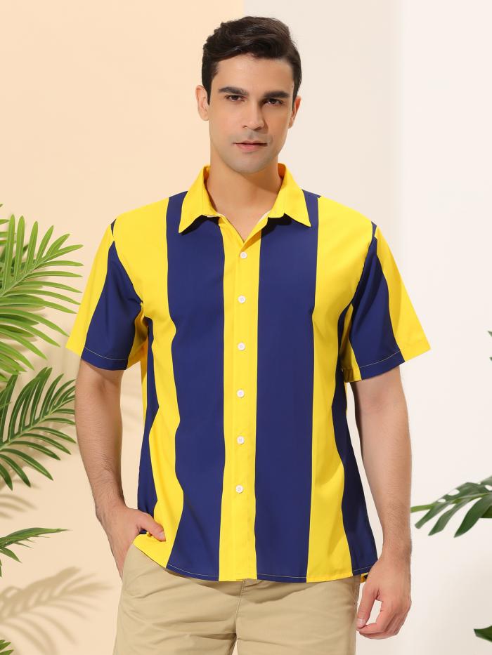 Lars Amadeus ストライプシャツ ボタンダウン ビーチ 半袖トップス ハワイアン カラーブロックシャツ メンズ ネイビーイエロー XL