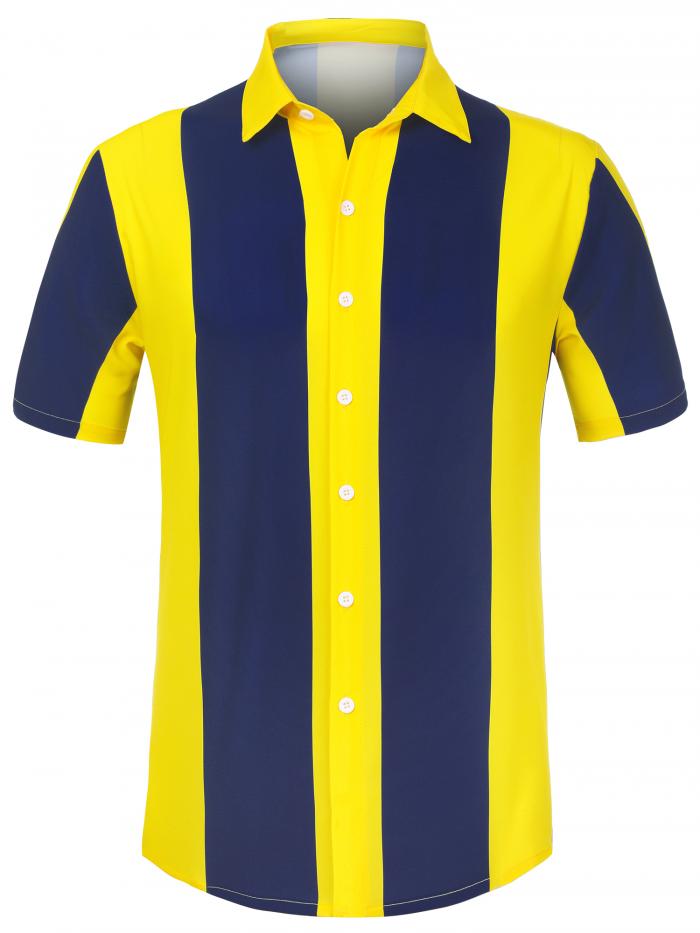 Lars Amadeus ストライプシャツ ボタンダウン ビーチ 半袖トップス ハワイアン カラーブロックシャツ メンズ ネイビーイエロー XL