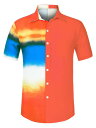 Lars Amadeus パッチワークシャツ ハワイアンプリントシャツ ボタンダウン 半袖トップス 胸ポケット メンズ オレンジ XL