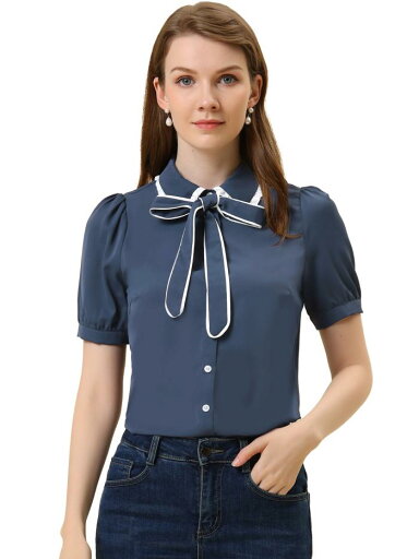 Allegra K ボウタイ シャツ ブラウス コントラスト パフスリーブ 半袖 ボタン留め ネクタイネック レディース ブルー グレー S Allegra K ボウタイ シャツ ブラウス コントラスト パフスリーブ 半袖 ボタン留め ネクタイネック レディース ブルー グレー S