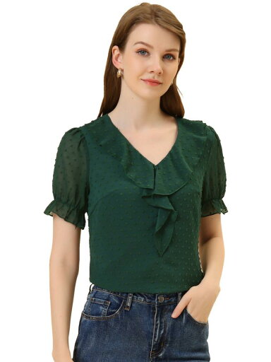 Allegra K スイスドット ブラウス フリル Vネックトップス シフォンシャツ 半袖トップス 通勤 OL レディース グリーン S Allegra K スイスドット ブラウス フリル Vネックトップス シフォンシャツ 半袖トップス 通勤 OL レディース グリーン S