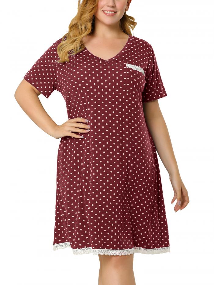Agnes Orinda プラスサイズ ナイトガウン 水玉ドレス 半袖パジャマ ナイトガウン バレンタインデー レディース ブルゴーニュ 2XL