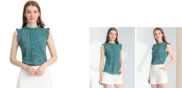 Allegra K レディース ノースリーブトップス フリル付き ビジネスオフィス 1950年代 ヴィンテージ フローラル ブラウス ブルーグリーンフローラル M