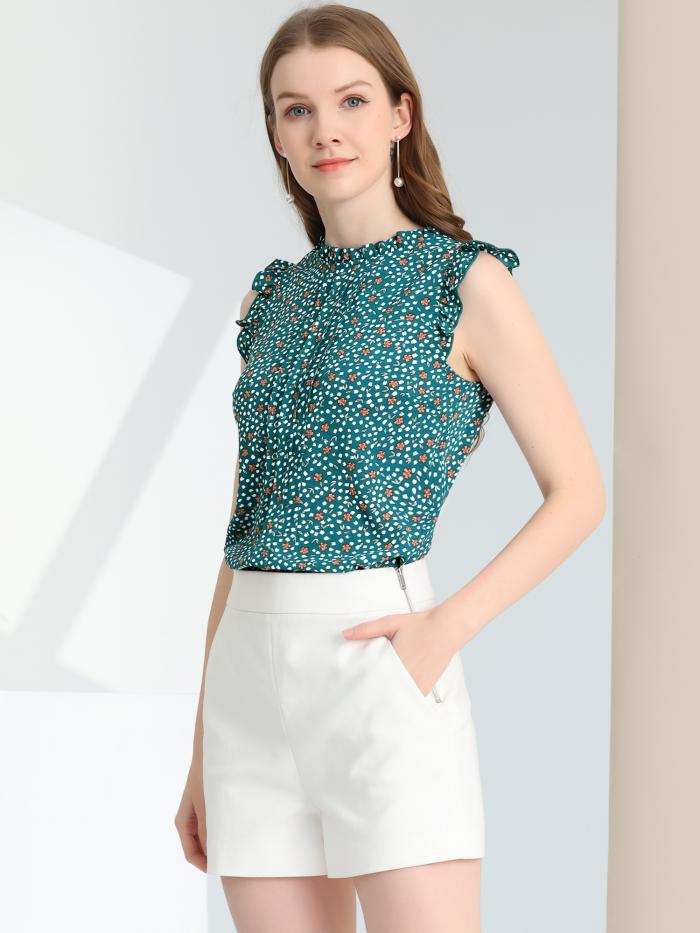 Allegra K レディース ノースリーブトップス フリル付き ビジネスオフィス 1950年代 ヴィンテージ フローラル ブラウス ブルーグリーンフローラル M