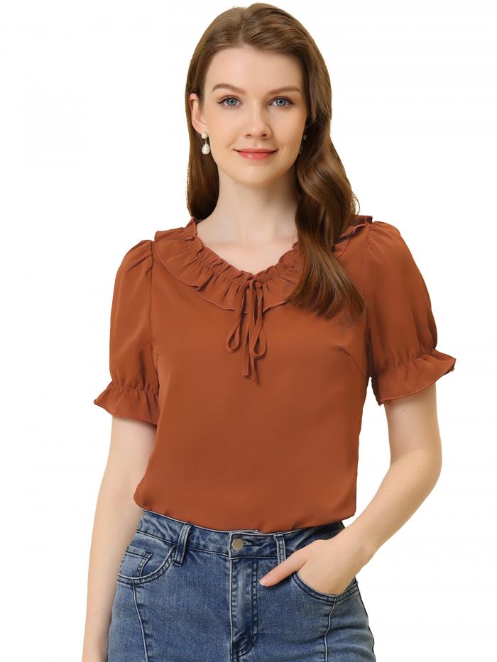 Allegra K ブラウス ネクタイVネック フリルネック パフスリーブ フリル袖口 カジュアル レディース ブラウン S
