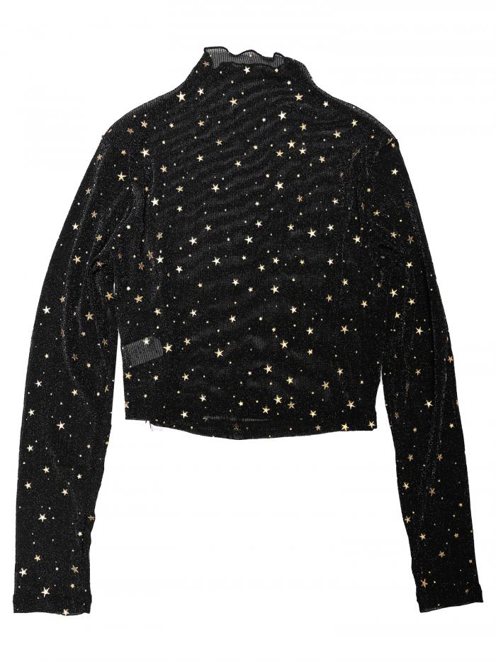 Allegra K クロップトップ 星柄ブラウス メッシュシャツ シースルー モックネック パーティー レディース ブラック M(4)