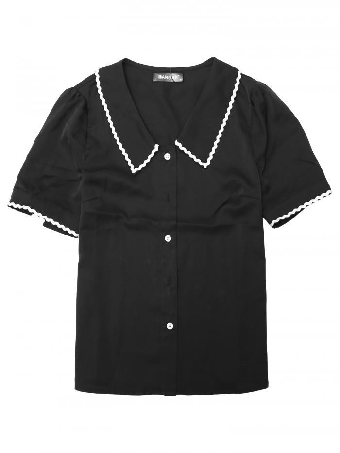 Allegra K 丸襟 シフォンブラウス 半袖 折り襟 ボタン シャツ オフィス カジュアル トップス おしゃれ 通勤 OL レディース ブラック M