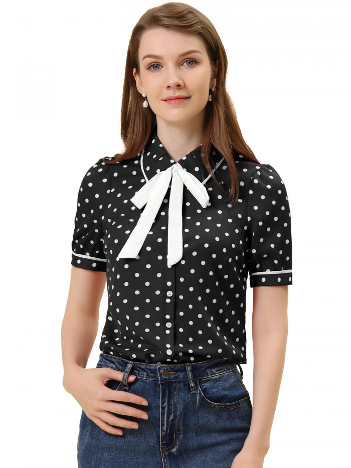 Allegra K ブラウス レディース 半袖 シフオンブラウス 折り襟 リボン シャツ パフスリーブ オフィス カジュアル トップス 着痩せ おしゃれ 通勤 OL 水玉模様 ブラック S