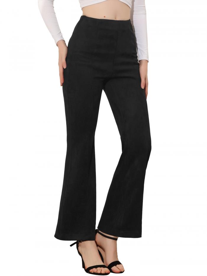 Allegra K ベルボトムパンツ フレアパンツ ワイドレッグ カジュアル フェイクスエード レディース ブラック M